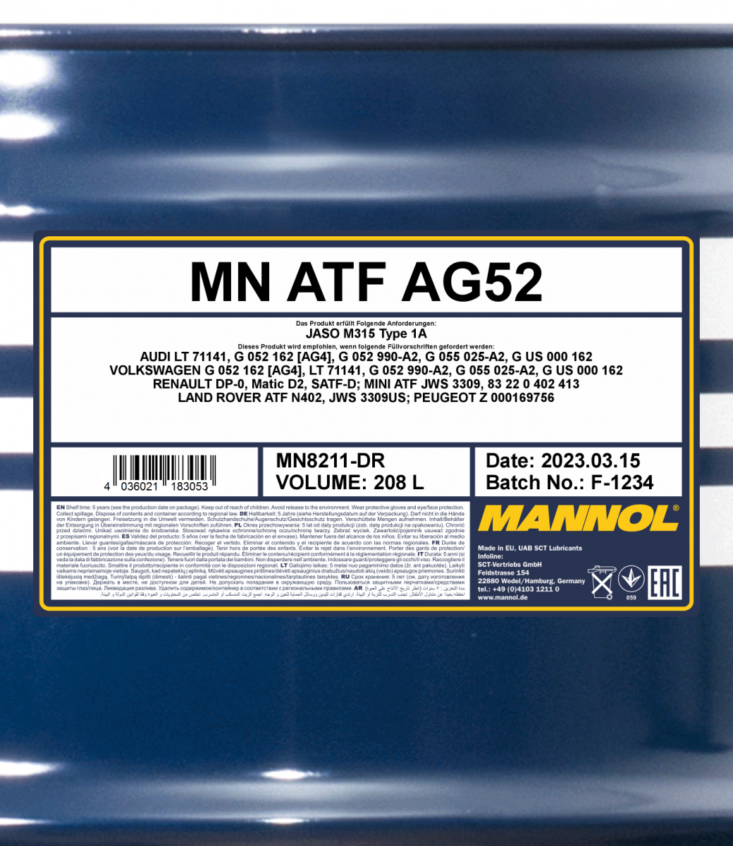 8211 MANNOL ATF AG52 208 л. Синтетическая трансмиссионная жидкость