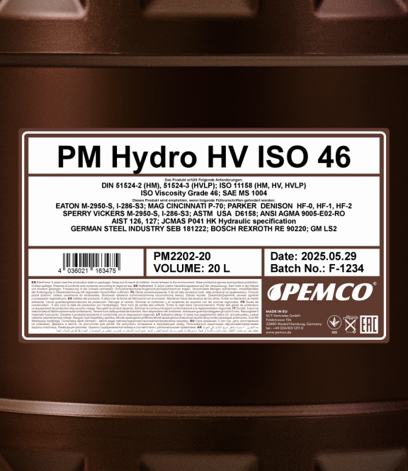 PEMCO HYDRO HV ISO 46 20 л. Минеральное гидравлическое масло   