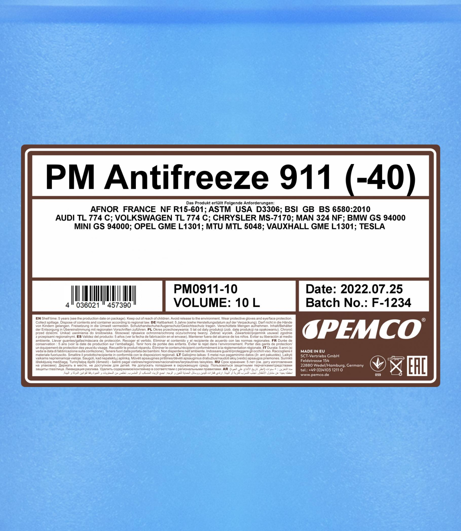 PEMCO ANTIFREEZE 911 -40 °C 10 л. Готовый раствор охлаждающей жидкости антифриз синий