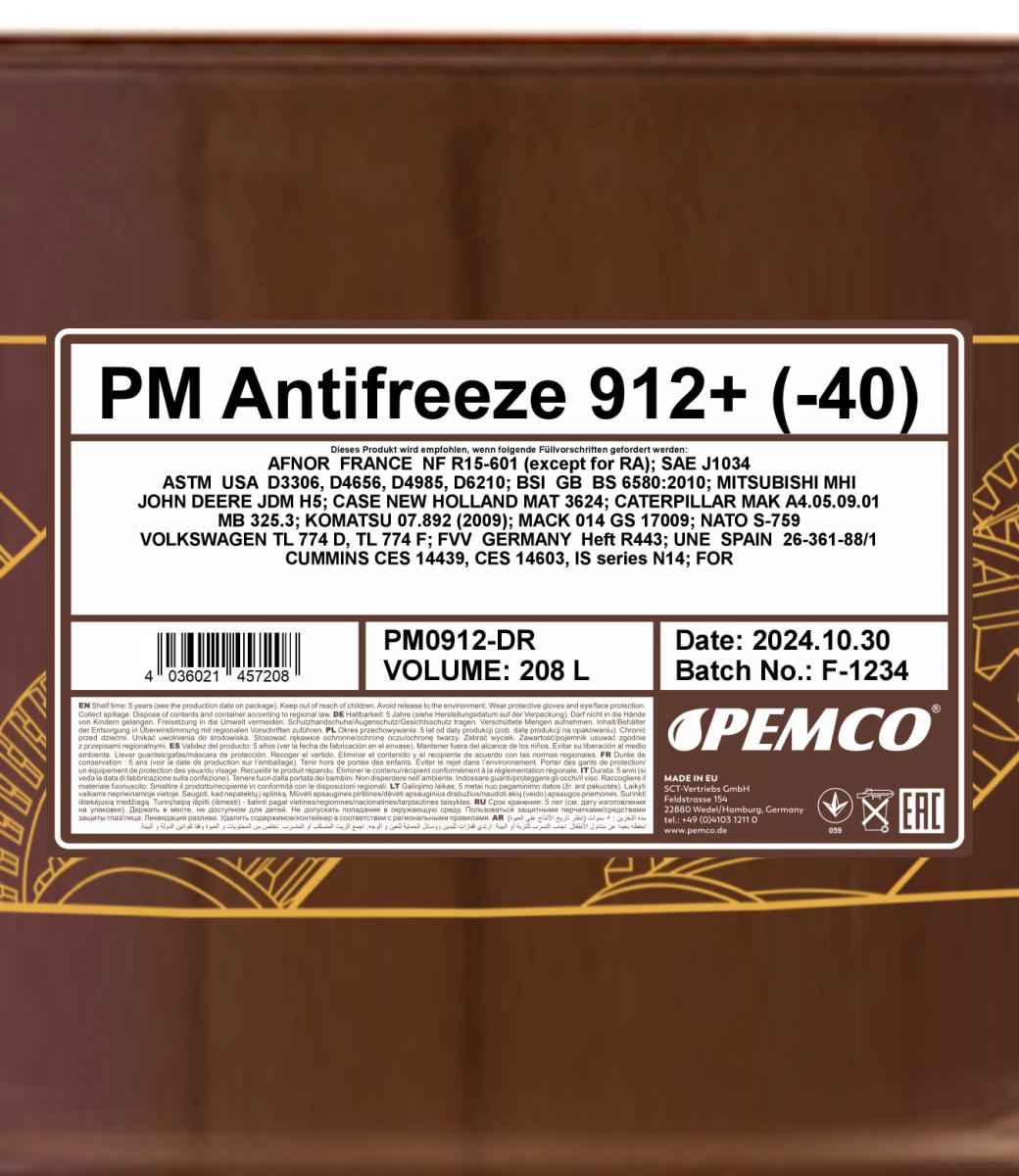 PEMCO ANTIFREEZE 912+ -40 °C 208 л. Готовый раствор охлаждающей жидкости антифриз красный