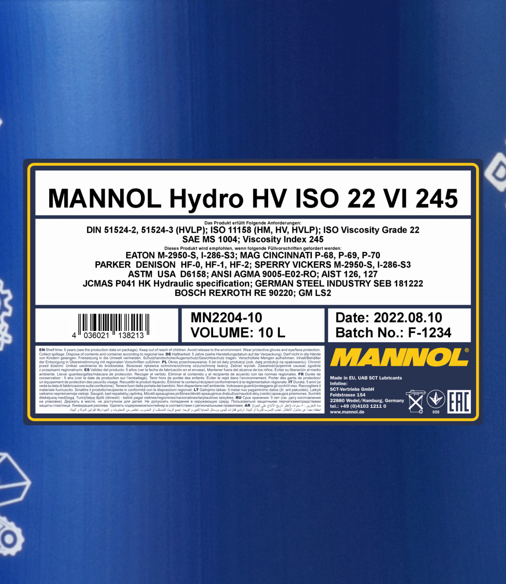 2204 MANNOL HYDRO HV ISO 22 20 л. Синтетическое гидравлическое масло