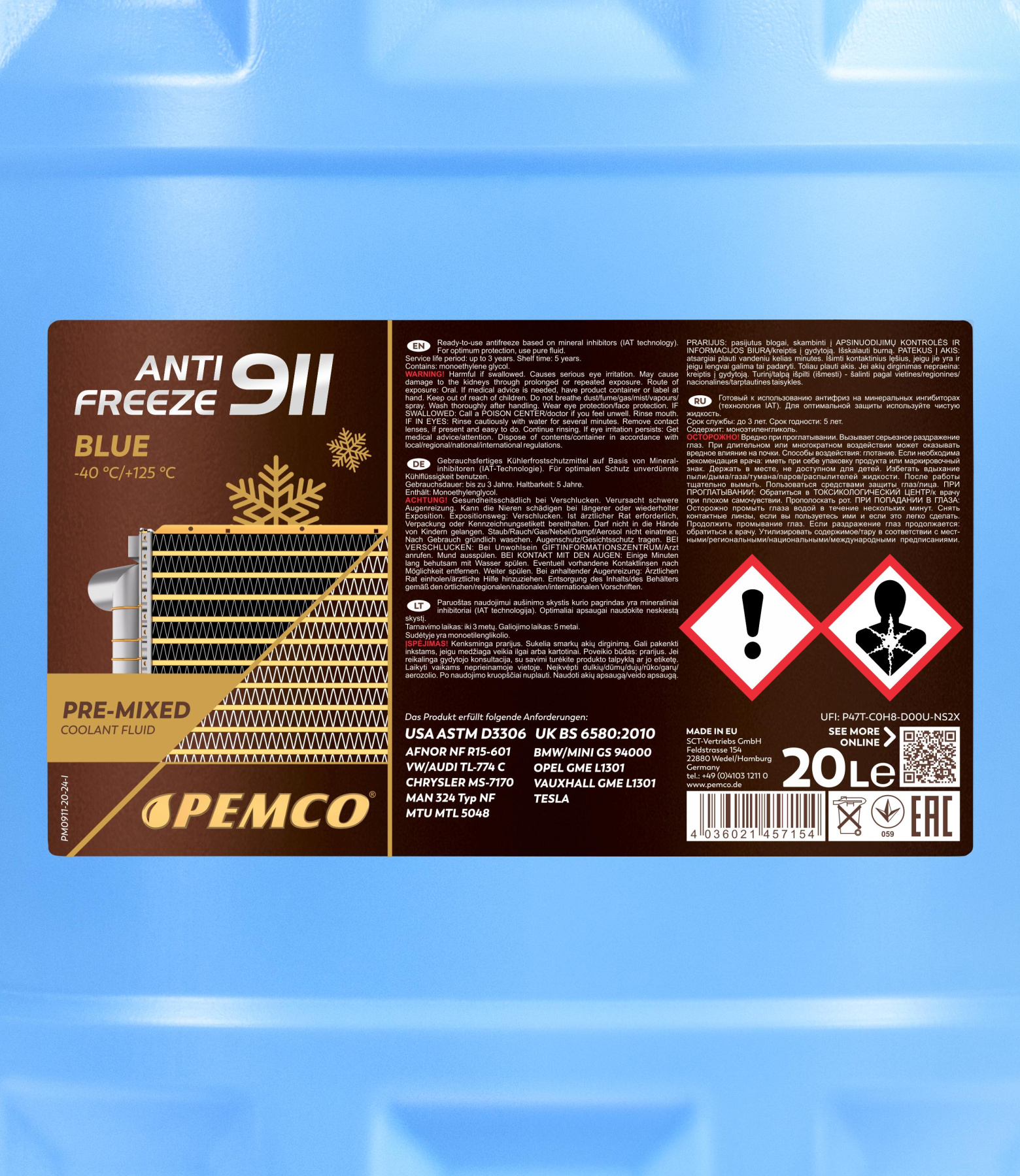 PEMCO ANTIFREEZE 911 -40 °C 20 л. Готовый раствор охлаждающей жидкости антифриз синий