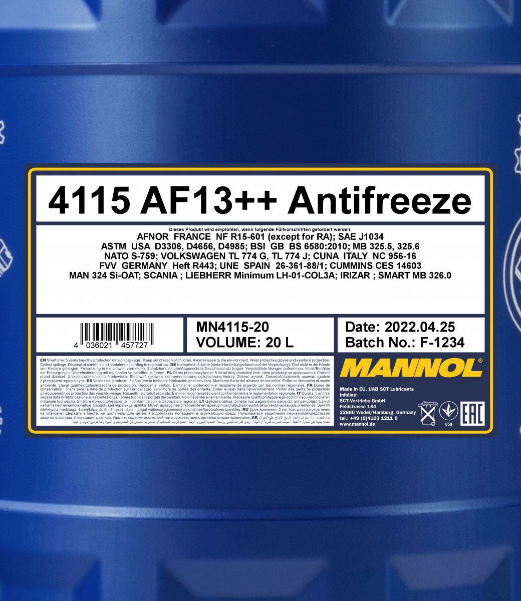 4115 MANNOL ANTIFREEZE AF13++ 20 л. Концентрат антифриз красный