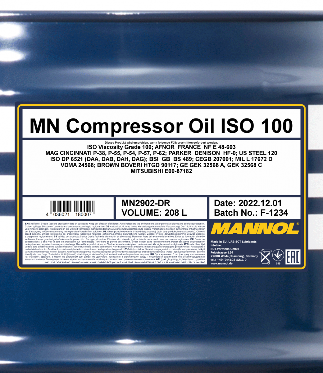2902 MANNOL COMPRESSOR OIL ISO 100 208 л. Масло для воздушных компрессоров  