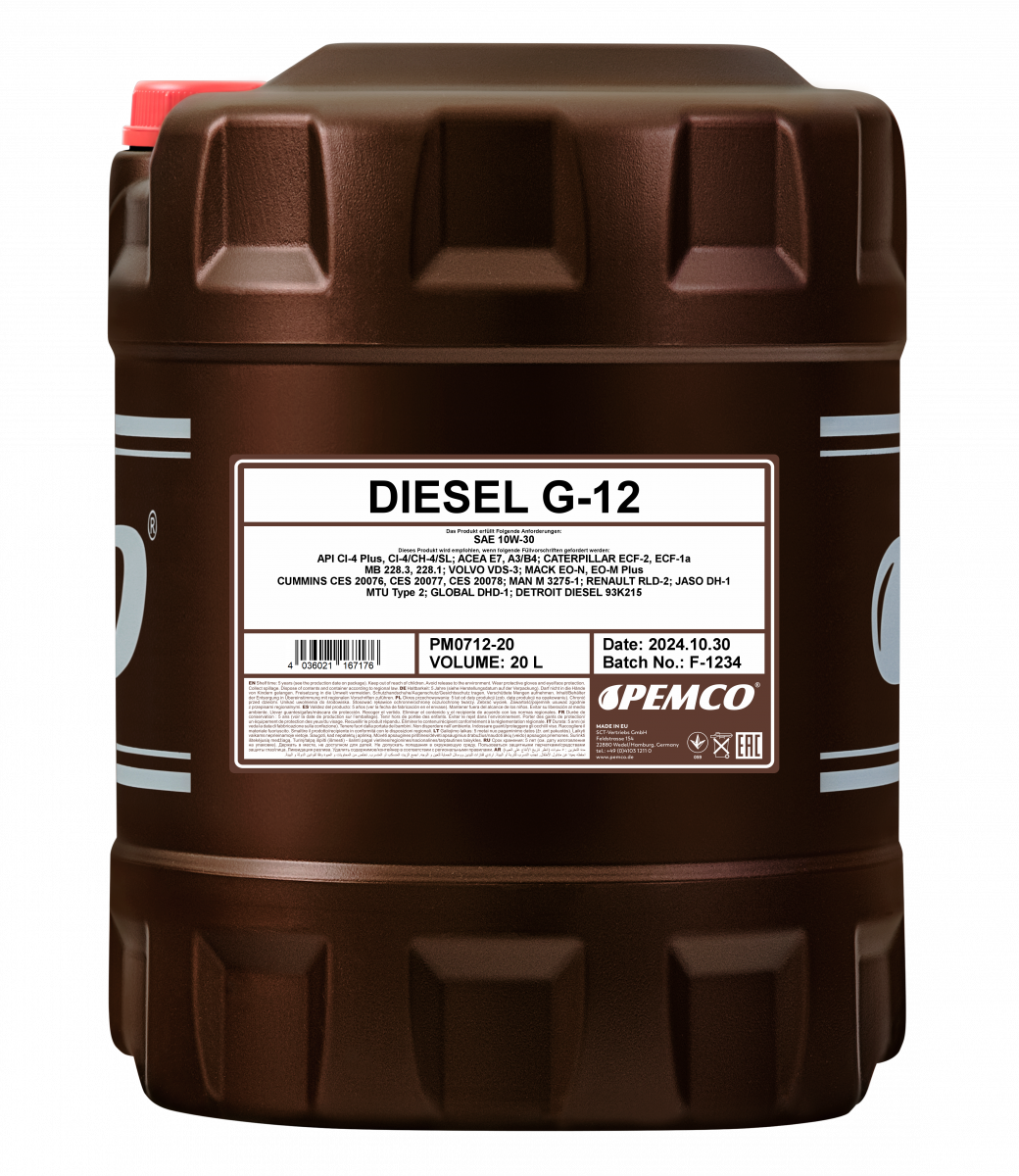 PEMCO G-12 DIESEL 10W30 20 л. Полусинтетическое моторное масло 10W-30