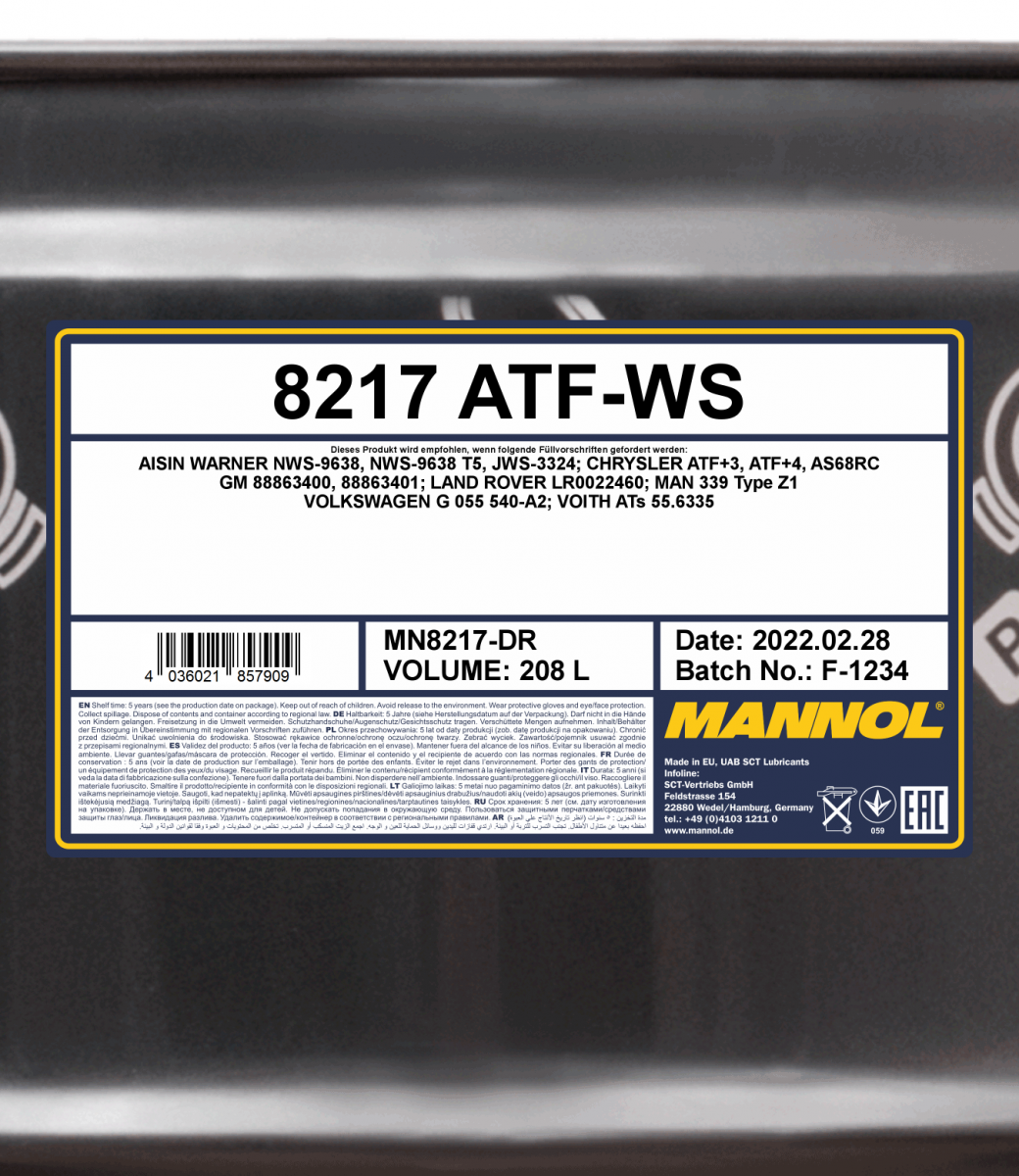 8217 MANNOL ATF WS 208 л. Синтетическая трансмиссионная жидкость