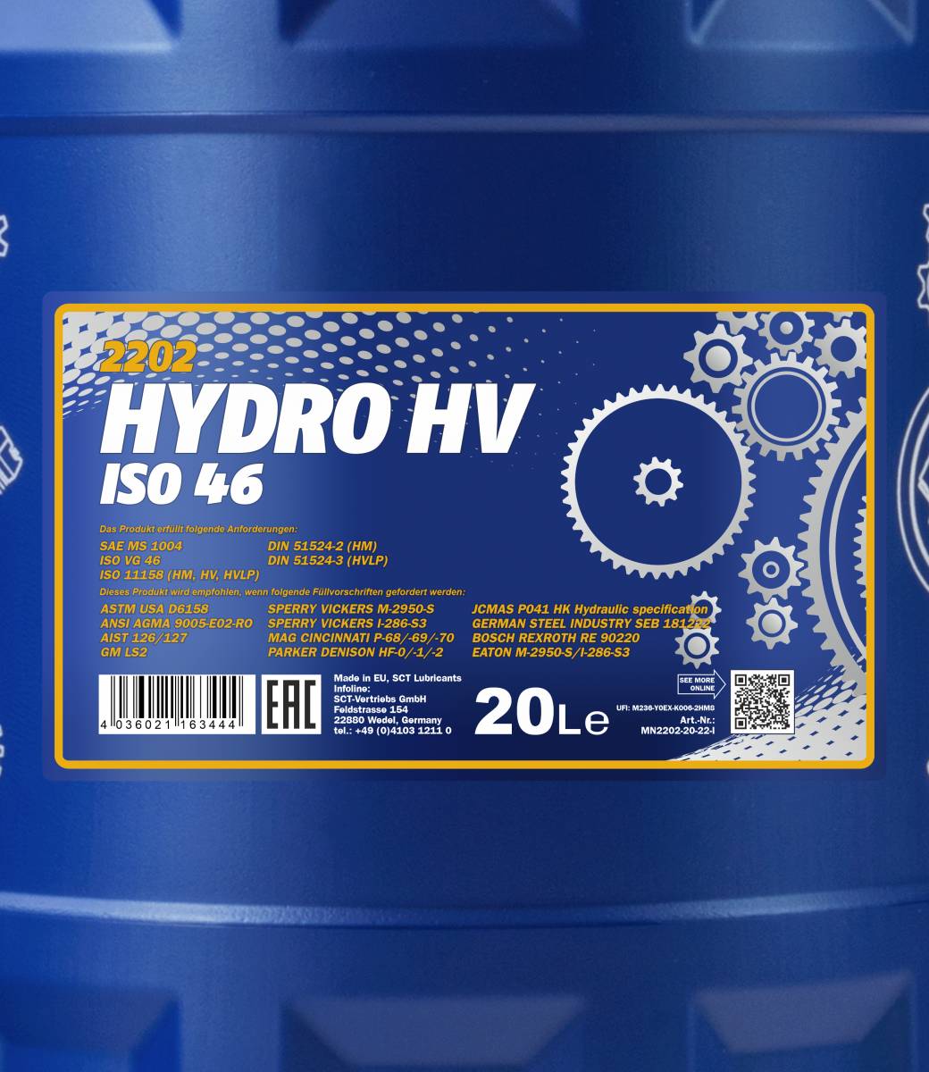 2202 MANNOL HYDRO HV ISO 46 20 л. Гидравлическое масло с высоким индексом вязкости