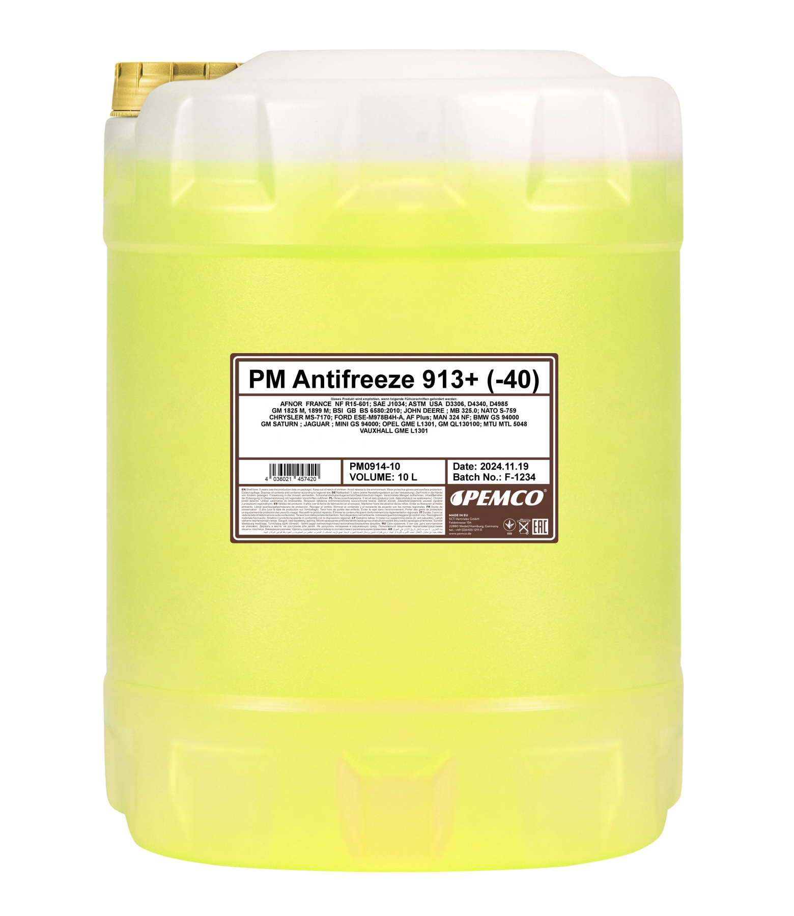 PEMCO ANTIFREEZE 913+ -40 °C 10 л. Готовый раствор охлаждающей жидкости антифриз желтый