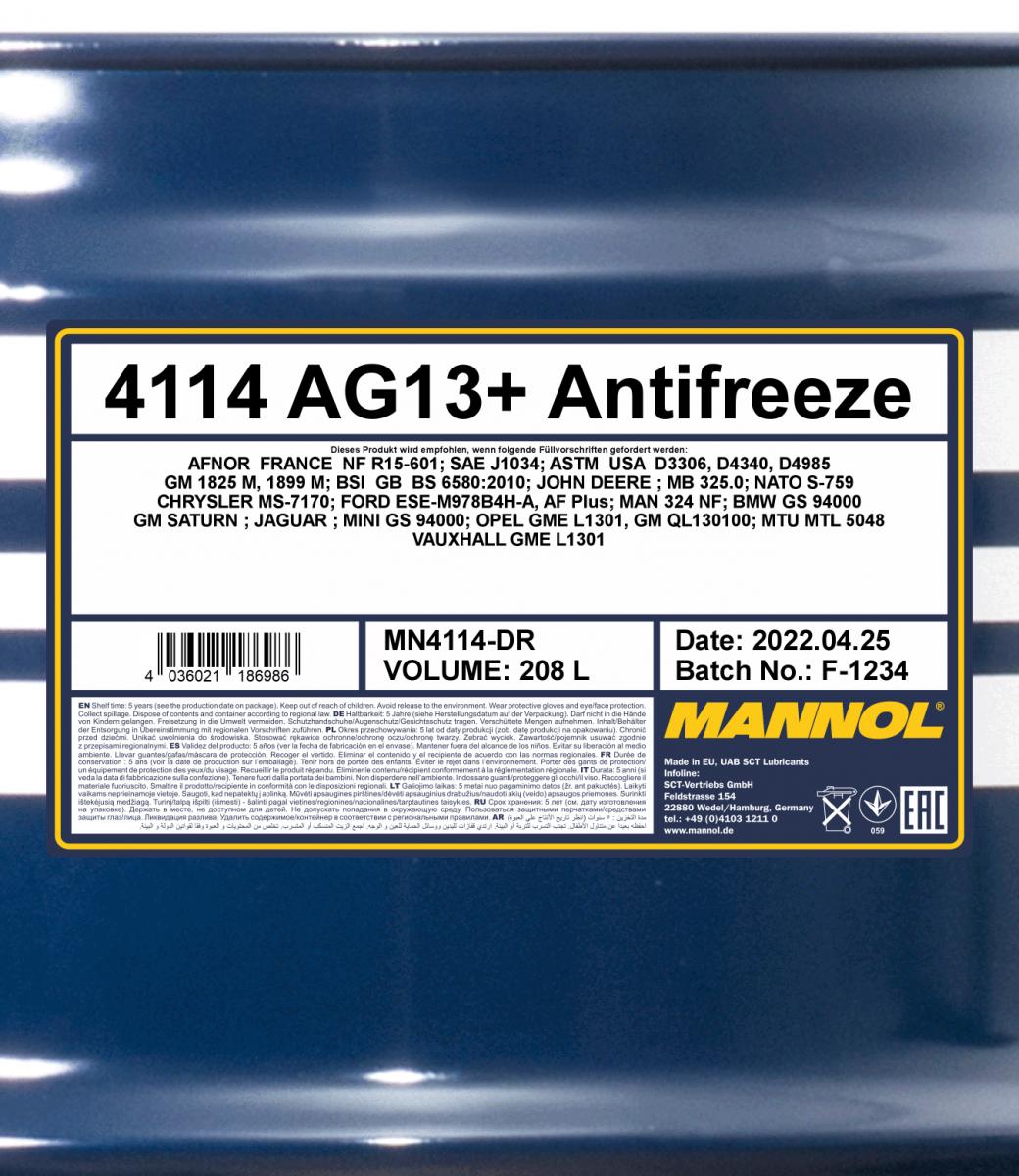 4114 MANNOL ANTIFREEZE ADVANCED AG13+ 208 л. Концентрат охлаждающей жидкости желтый