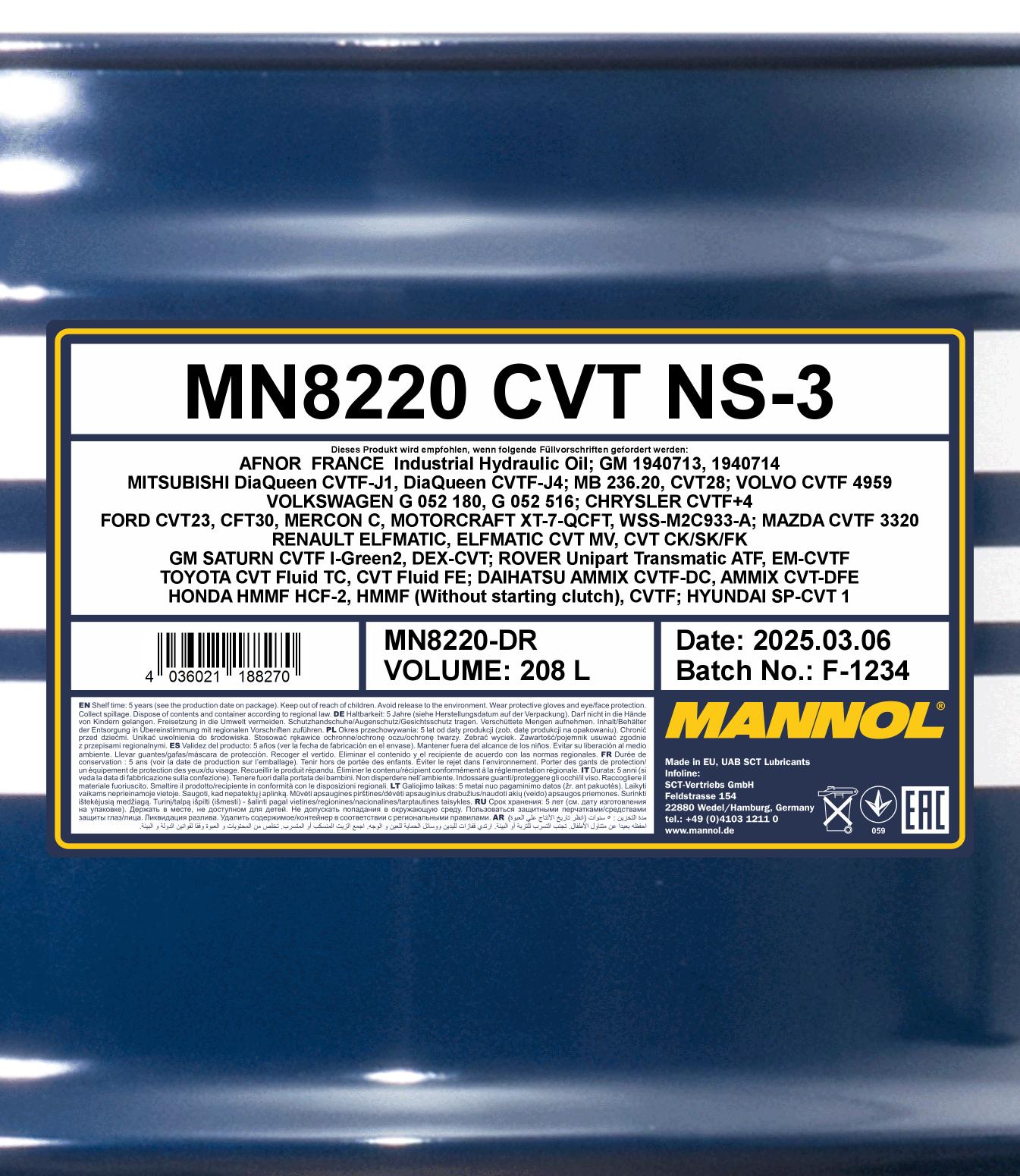8220 MANNOL CVT NS-3 208 л. Синтетическое трансмиссионное масло
