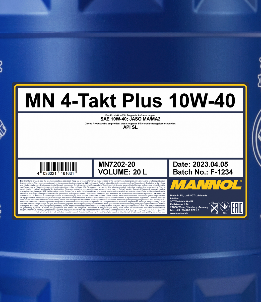7202 MANNOL 4-TAKT PLUS 10W40 20 л. Полусинтетическое моторное масло для мотоциклов 10W-40