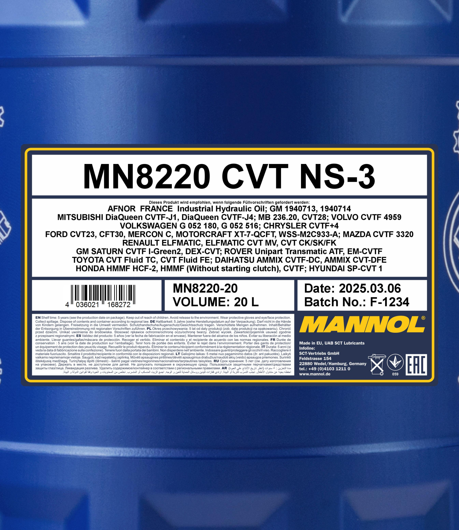 8220 MANNOL CVT NS-3 20 л. Синтетическое трансмиссионное масло