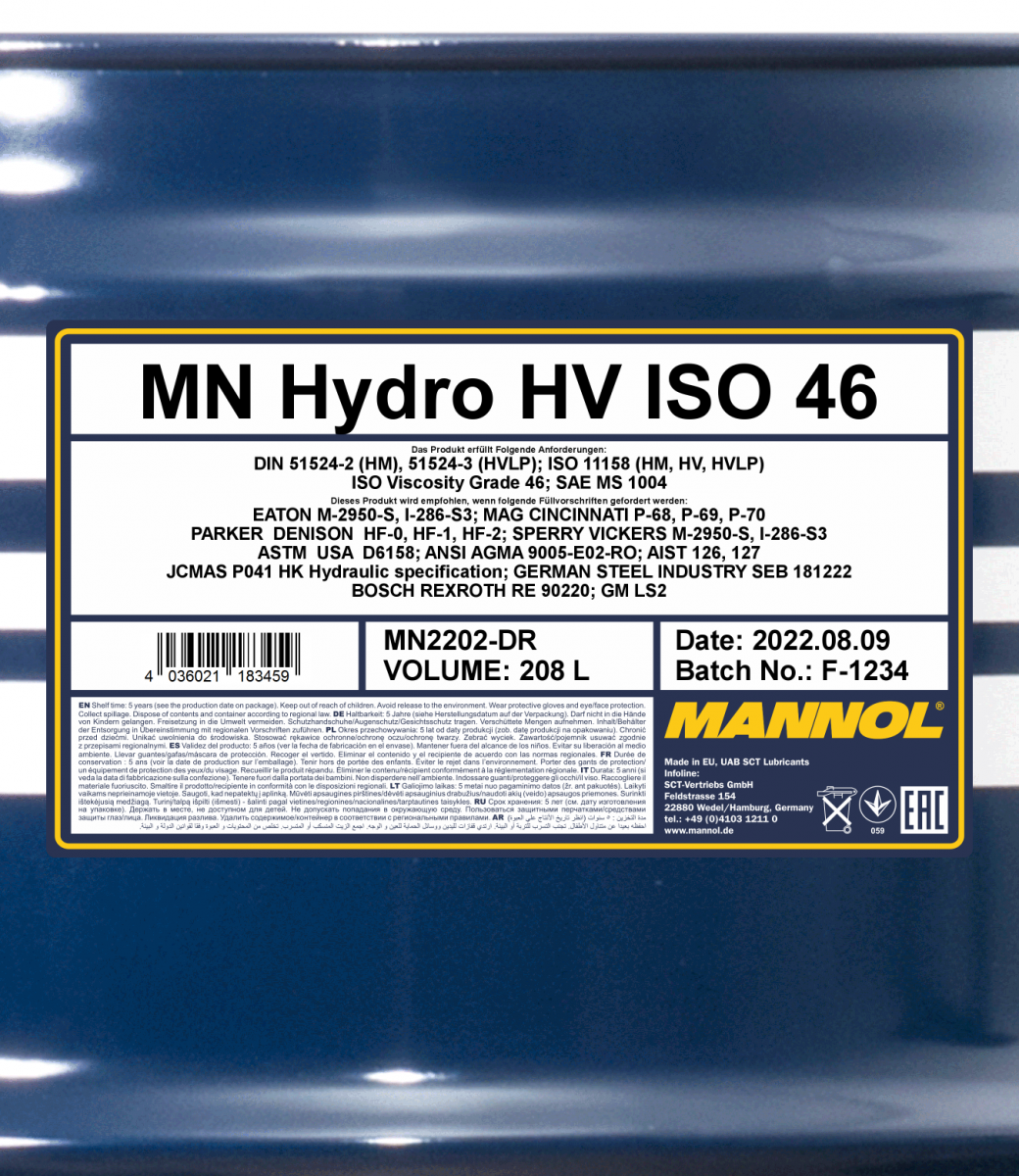 2202 MANNOL HYDRO HV ISO 46 208 л. Гидравлическое масло с высоким индексом вязкости