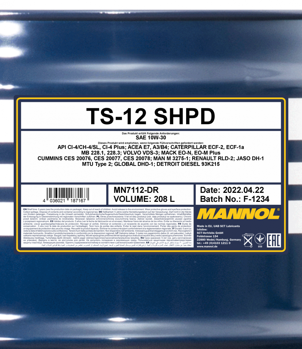 7112 MANNOL TS-12 SHPD 10W30 208 л. Полусинтетическое моторное масло 10W-30