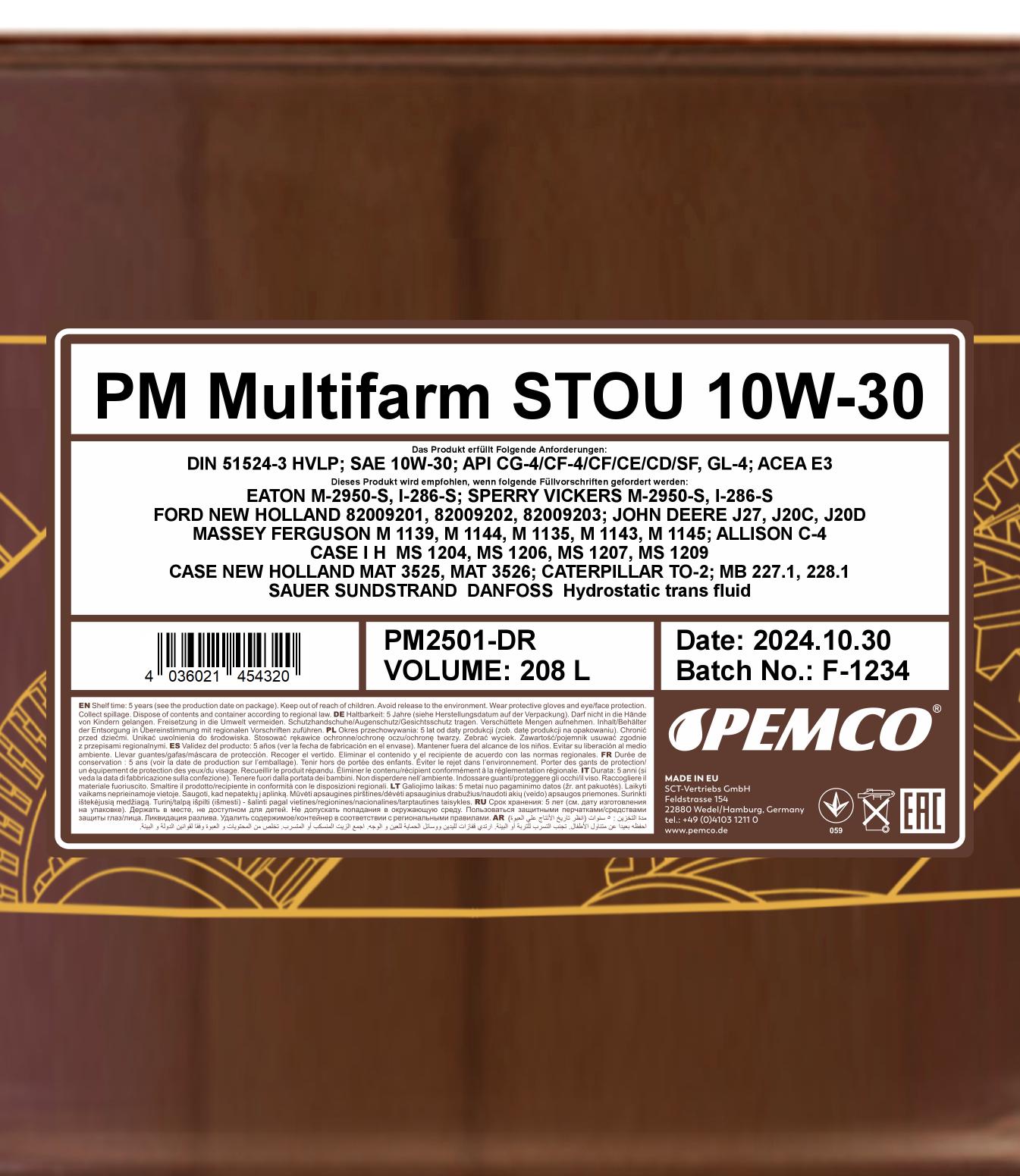 PEMCO MULTIFARM STOU 10W-30 208 л. Полусинтетическое моторное масло 10W-30