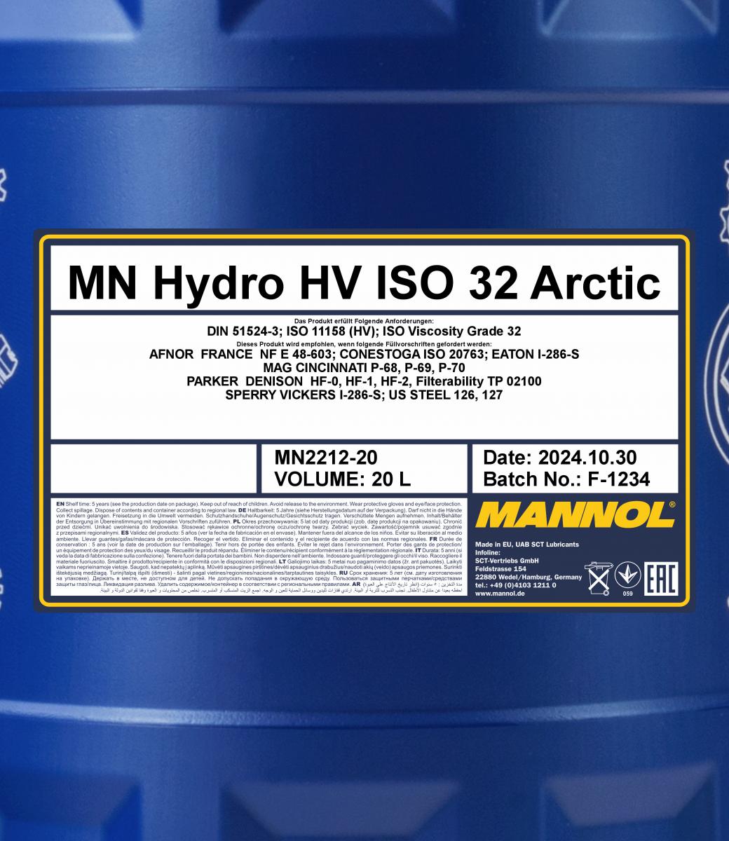 2212 MANNOL HYDRO HV ISO 32 ARCTIC 20 л. Минеральное гидравлическое масло