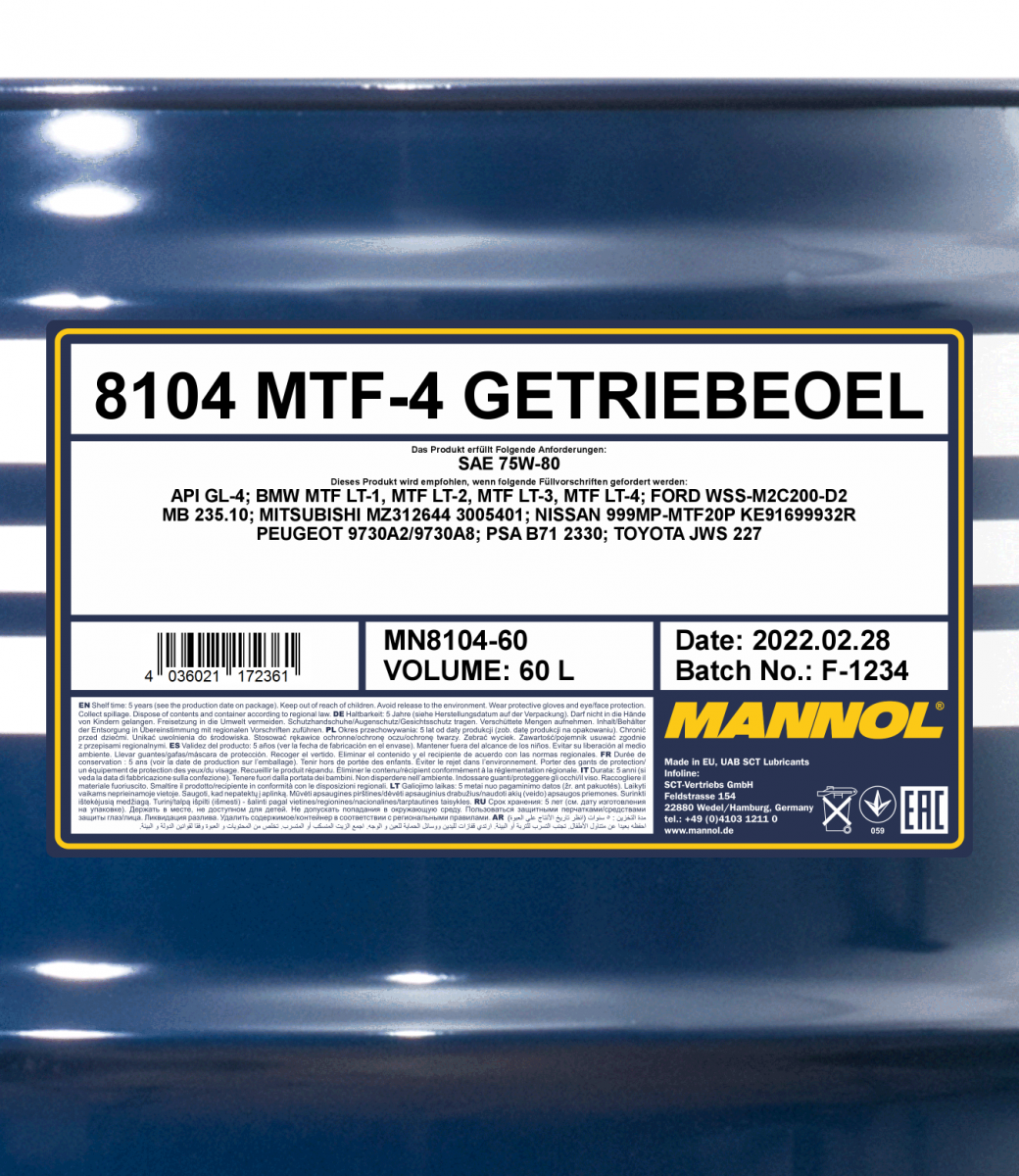 8104 MANNOL MTF-4 GETRIEBEOEL 75W80 60 л. Синтетическое трансмиссионное масло 75W-80