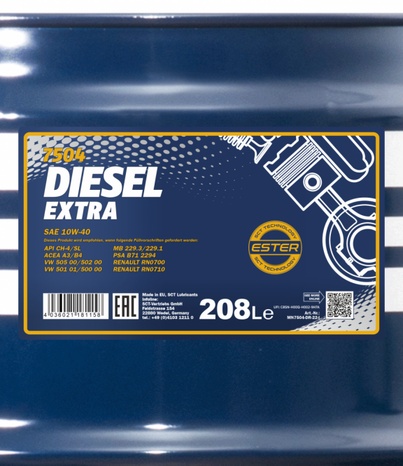 7504 MANNOL DIESEL EXTRA 10W40 208 л. Полусинтетическое моторное масло 10W-40