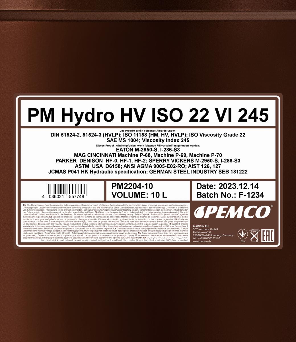 PEMCO HYDRO HV ISO 22 VI 245 10 л. Синтетическое гидравлическое масло  