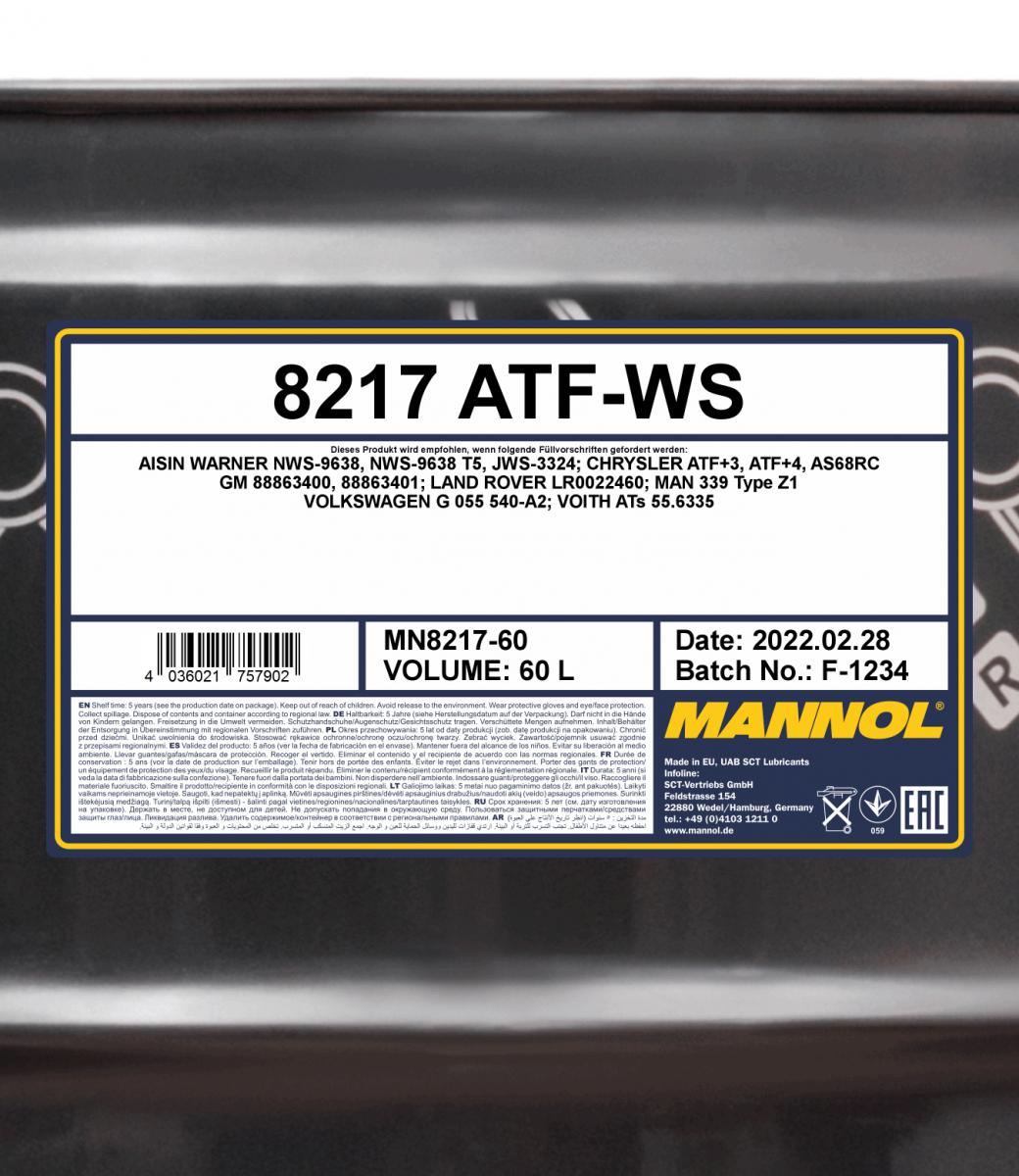 8217 MANNOL ATF WS 60 л. Синтетическая трансмиссионная жидкость