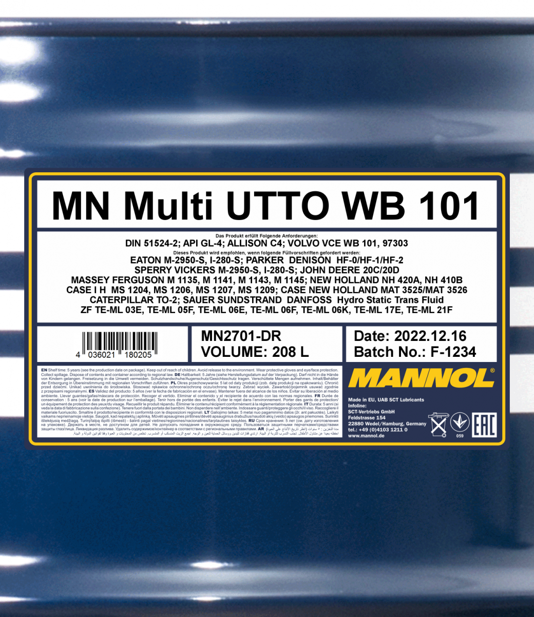 2701 MANNOL MULTI UTTO WB 101 208 л. Минеральное трансмисионное масло  