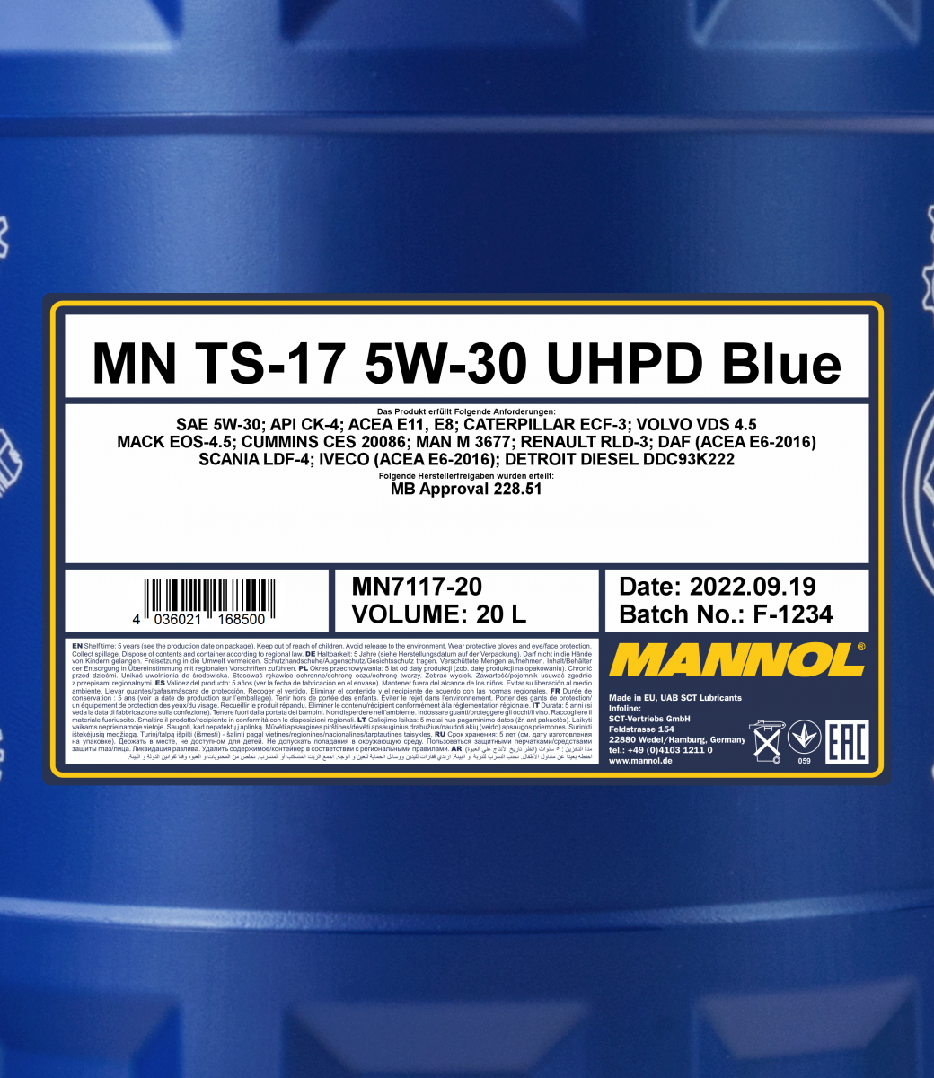 7117 MANNOL TS-17 UHPD BLUE 5W30 20 л. Синтетическое моторное масло 5W-30