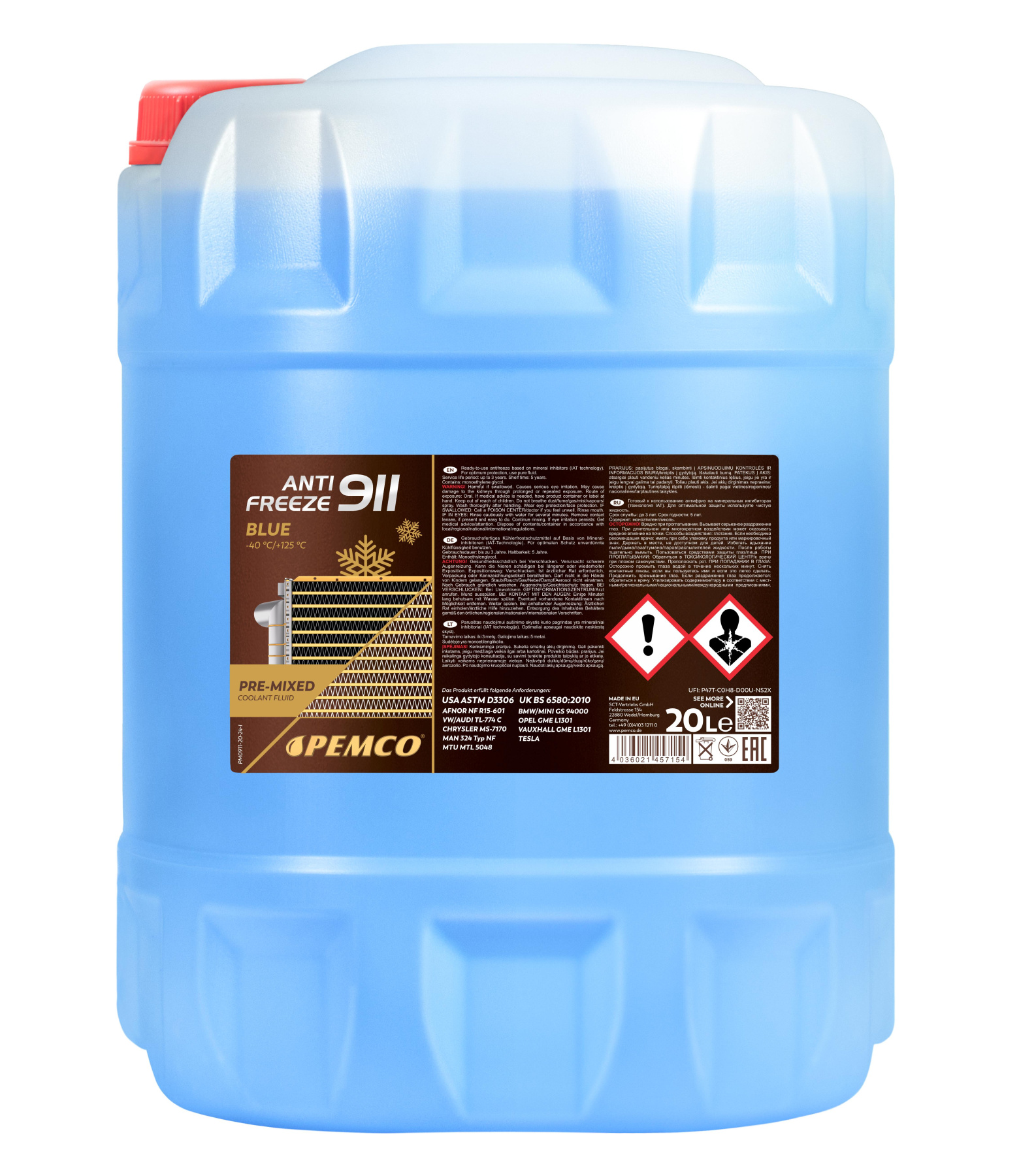 PEMCO ANTIFREEZE 911 -40 °C 20 л. Готовый раствор охлаждающей жидкости антифриз синий