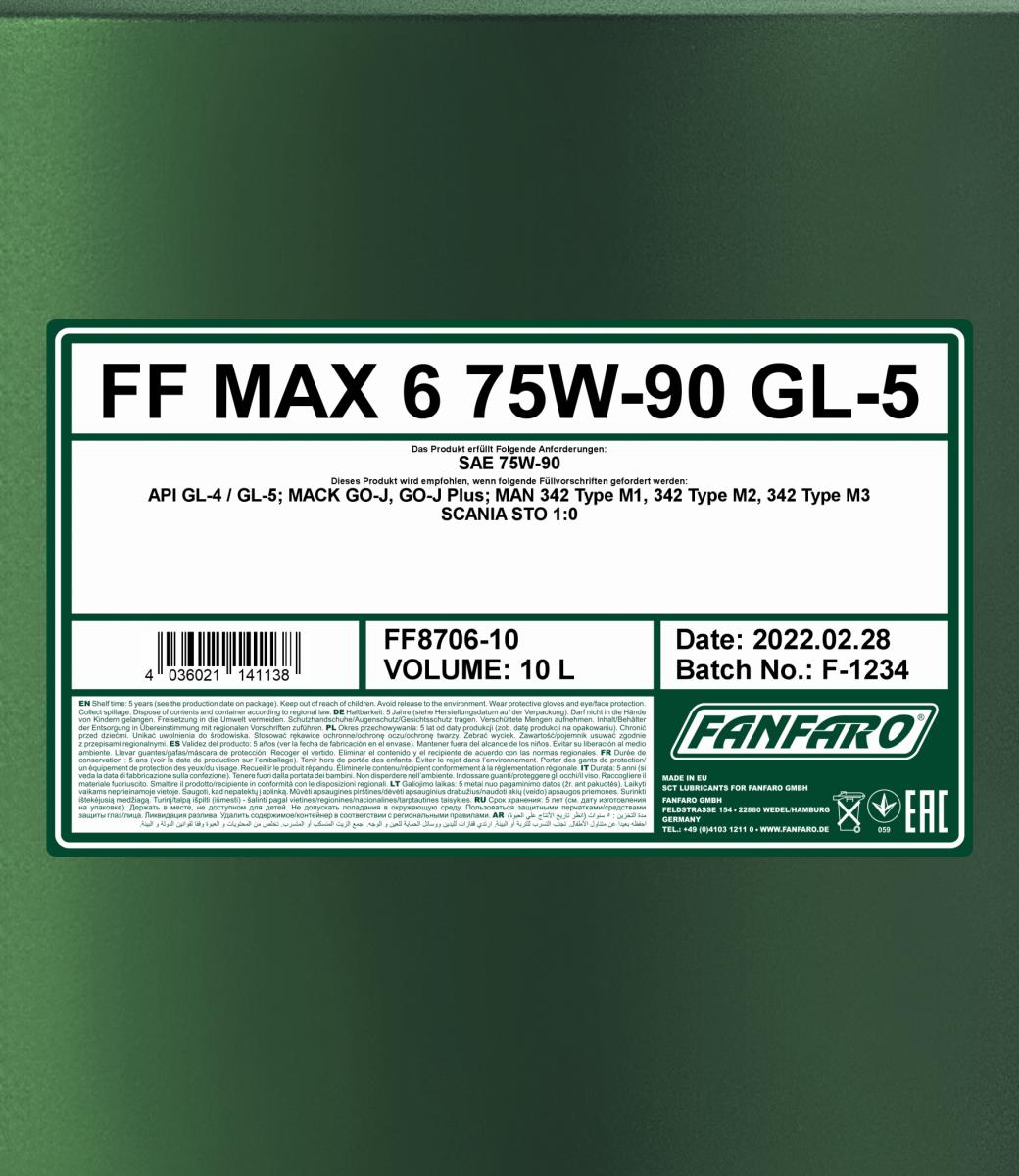 8706 FANFARO MAX 6 75W90 10 л. Синтетическое трансмиссионное масло 75W-90