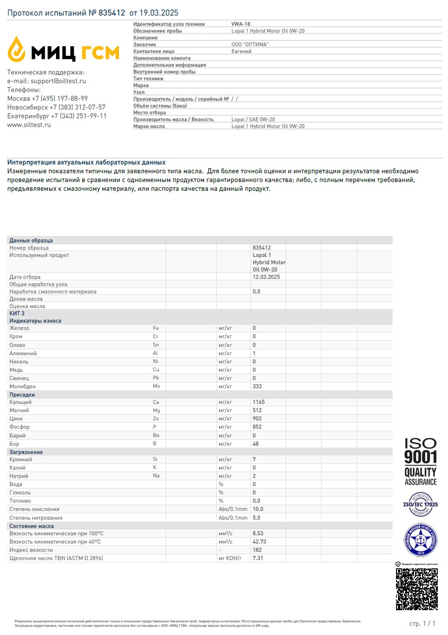LOPAL 1 HYBRID MOTOR OIL 0W20 1 л. Синтетическое моторное масло 0W-20