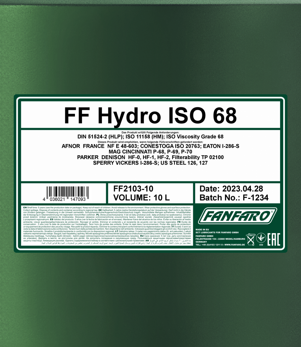 2103 FANFARO HYDRO ISO 68 20 л. Минеральное гидравлическое масло