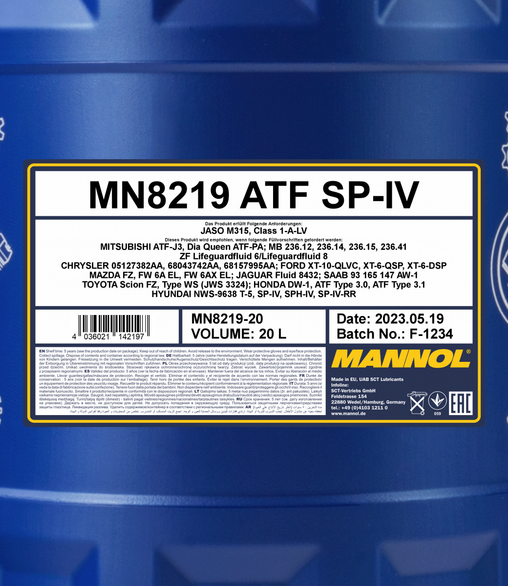 8219 MANNOL ATF SP-IV 20 л. Синтетическое трансмиссионное масло