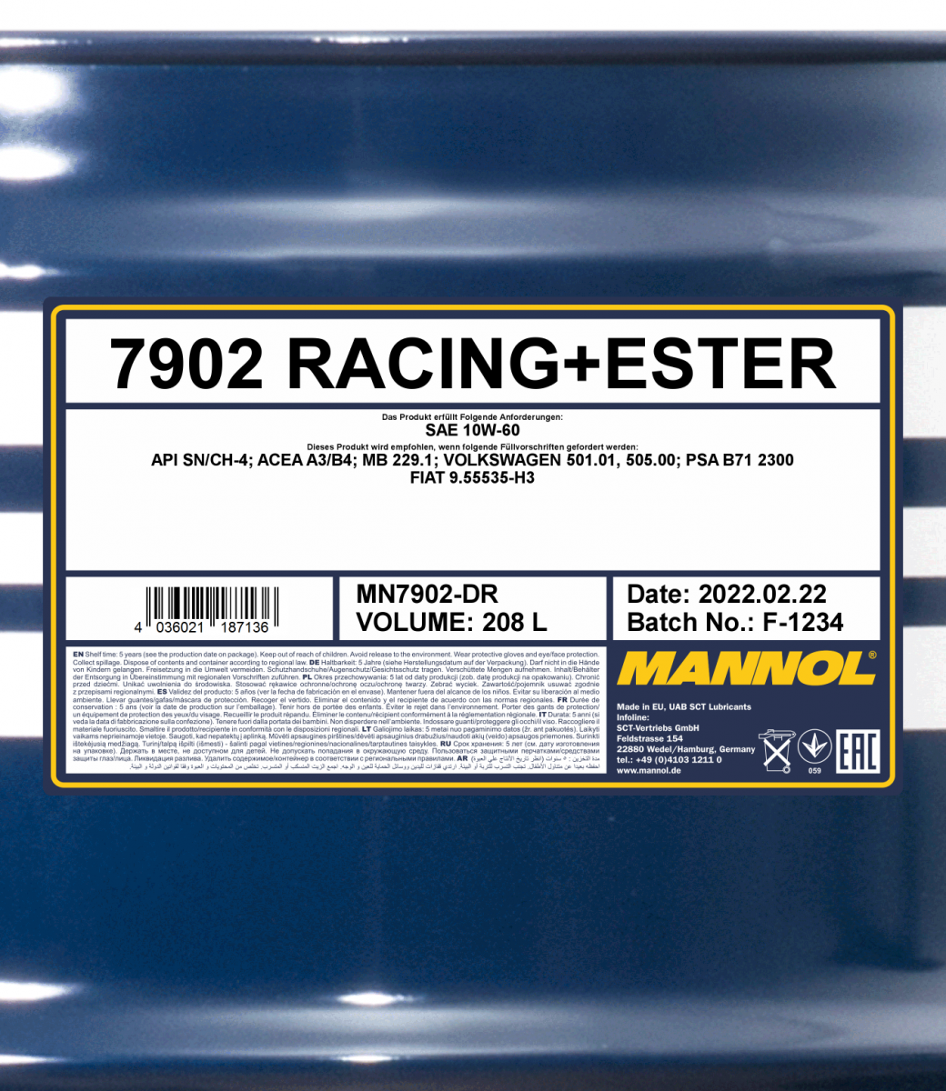7902 MANNOL RACING ESTER 10W60 208 л. Синтетическое моторное масло 10W-60