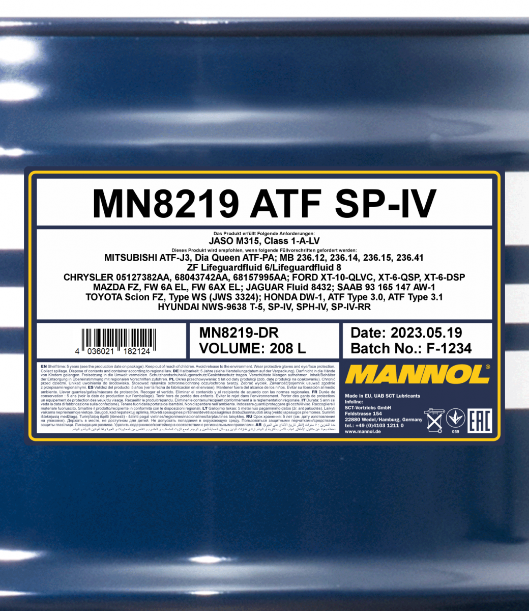 8219 MANNOL ATF SP-IV 208 л. Синтетическое трансмиссионное масло