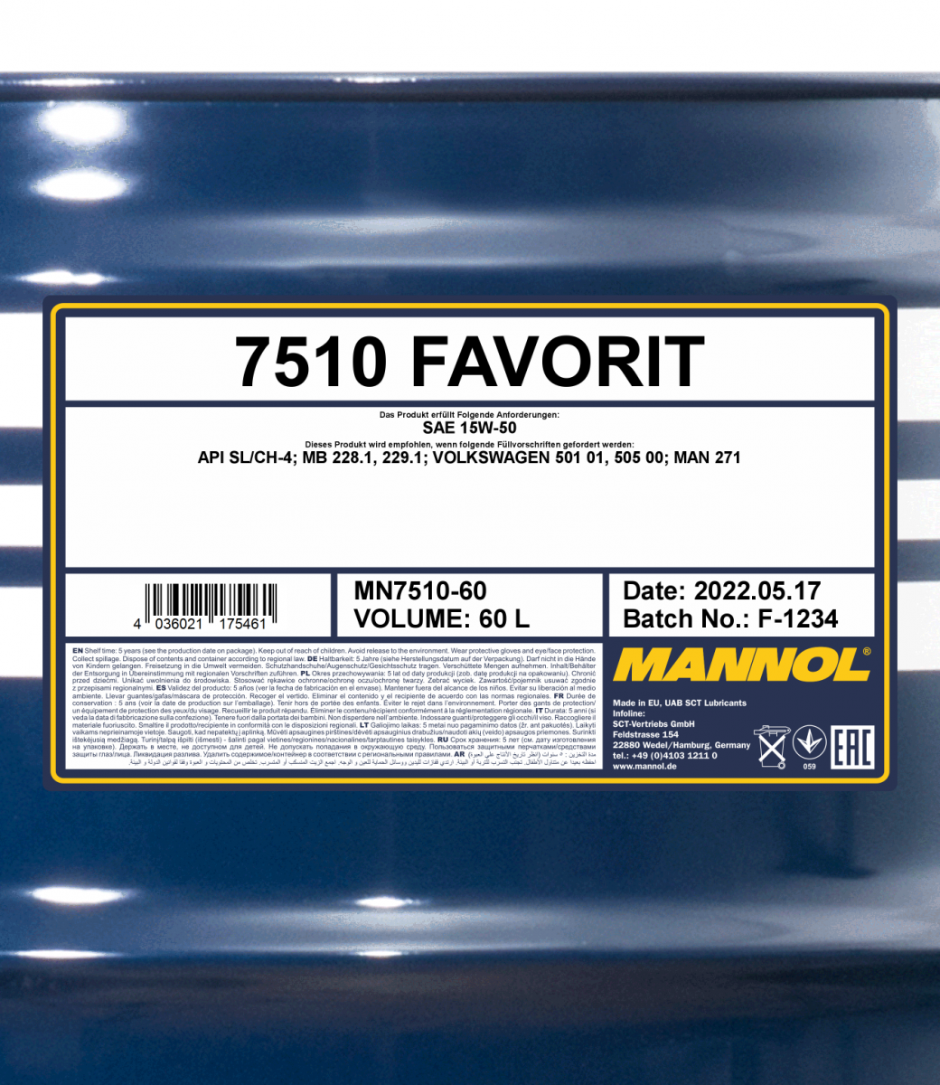 7510 MANNOL FAVORIT 15W50 60 л. Полусинтетическое моторное масло 15W-50