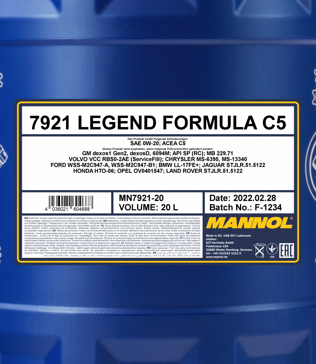 7921 MANNOL LEGEND FORMULA C5 0W20 20 л. Синтетическое моторное масло 0W-20