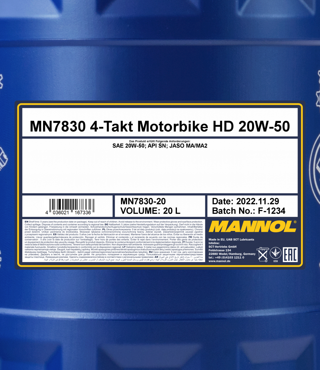 7830 MANNOL 4-TAKT MOTORBIKE HD 20W50 20 л. Синтетическое моторное масло для 4Т двигателей 20W-50
