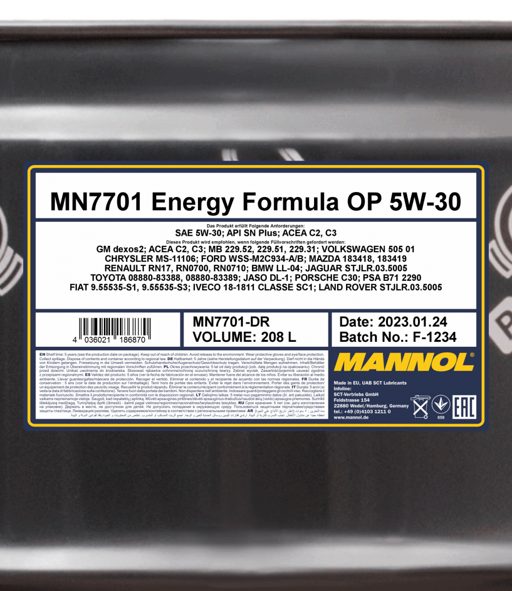 7701 MANNOL ENERGY FORMULA OP 5W30 208 л. Синтетическое моторное масло 5W-30