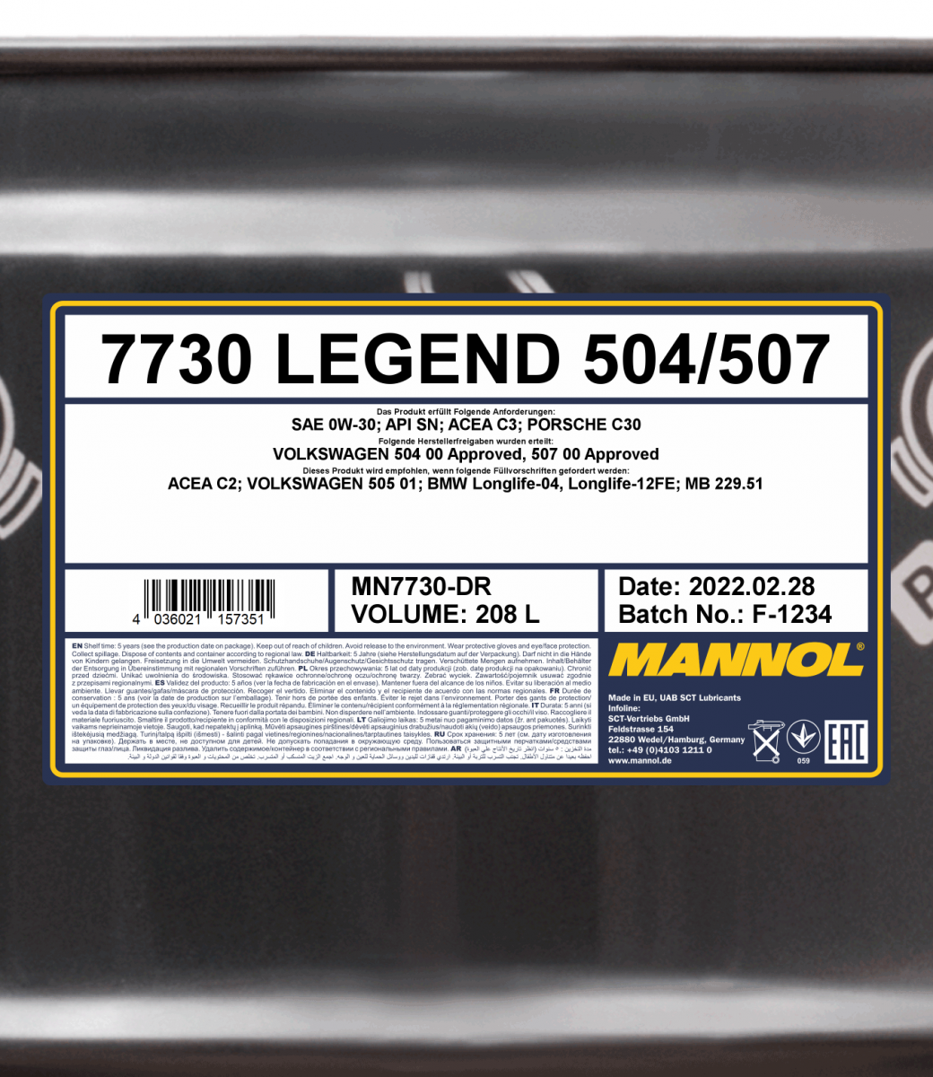 7730 MANNOL LEGEND 504/507 0W30 208 л. Синтетическое моторное масло 0W-30 