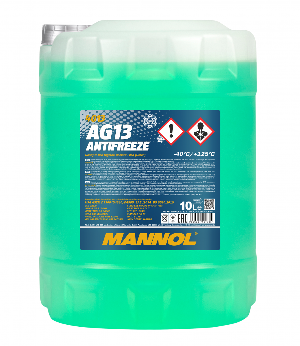 4013 MANNOL ANTIFREEZE HIGHTER AG13 10 л. Готовый раствор охлаждающей жидкости зеленый
