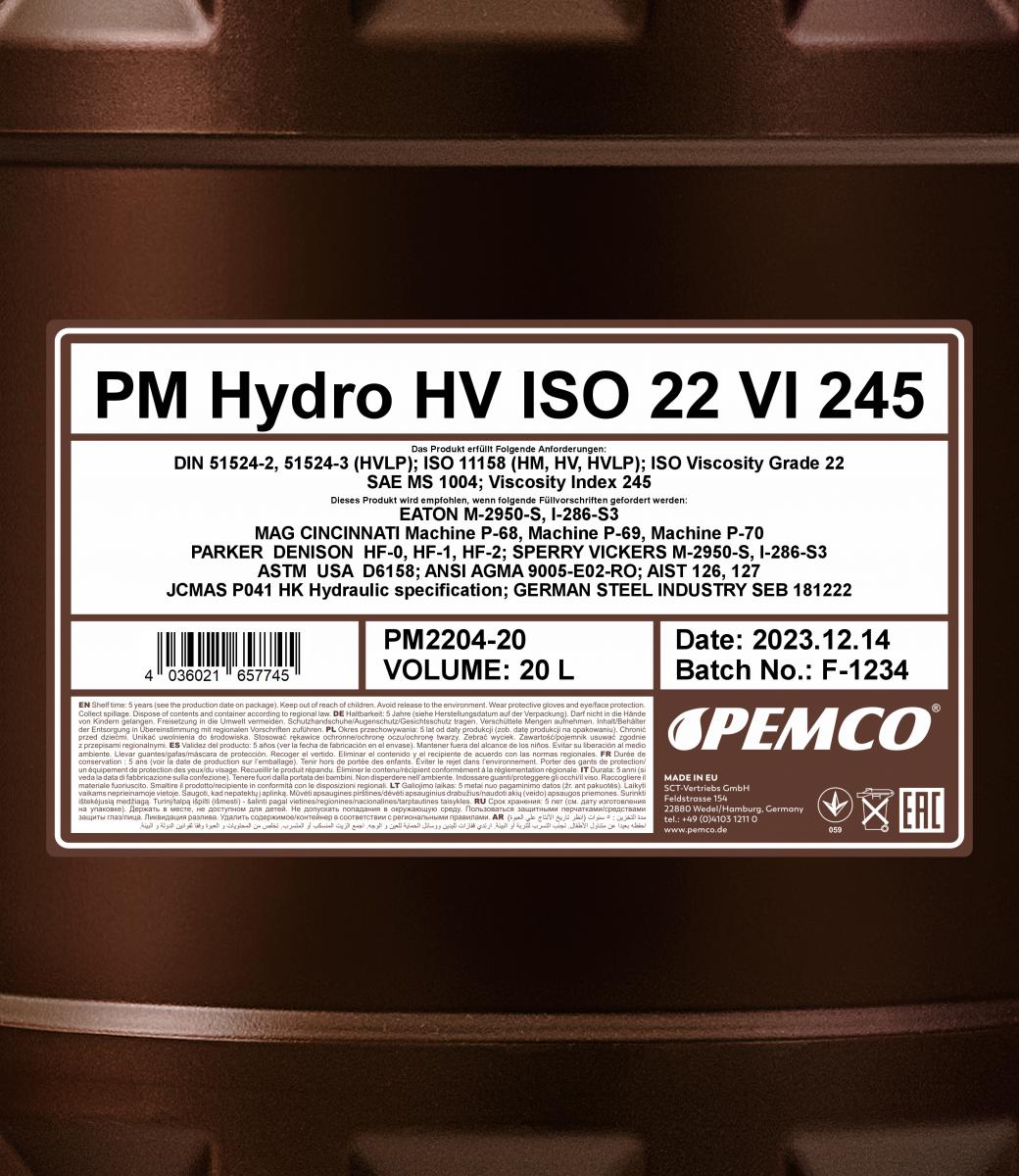 PEMCO HYDRO HV ISO 22 VI 245 20 л. Синтетическое гидравлическое масло  
