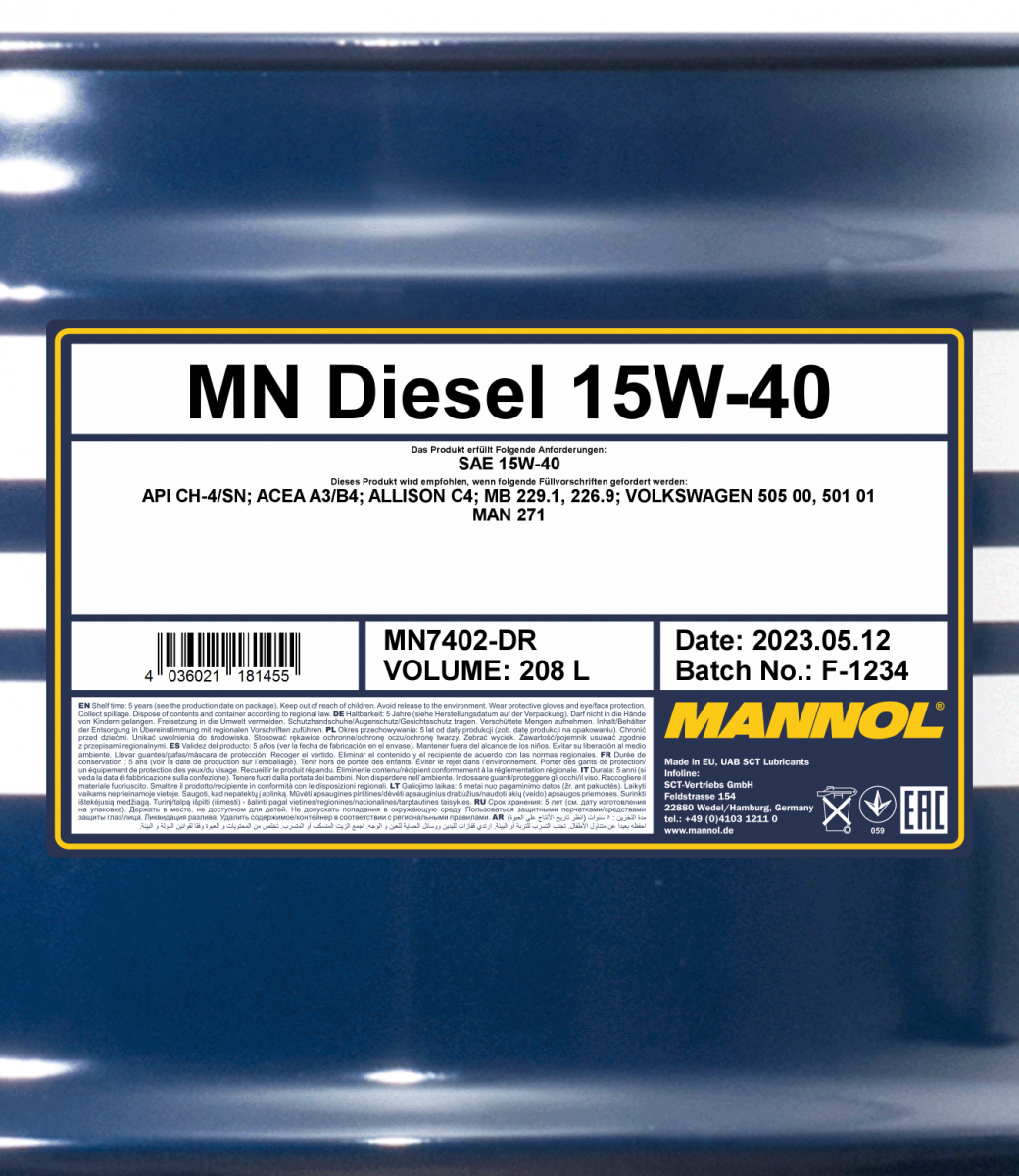 7402 MANNOL DIESEL 15W40 208 л. Моторное масло 15W-40