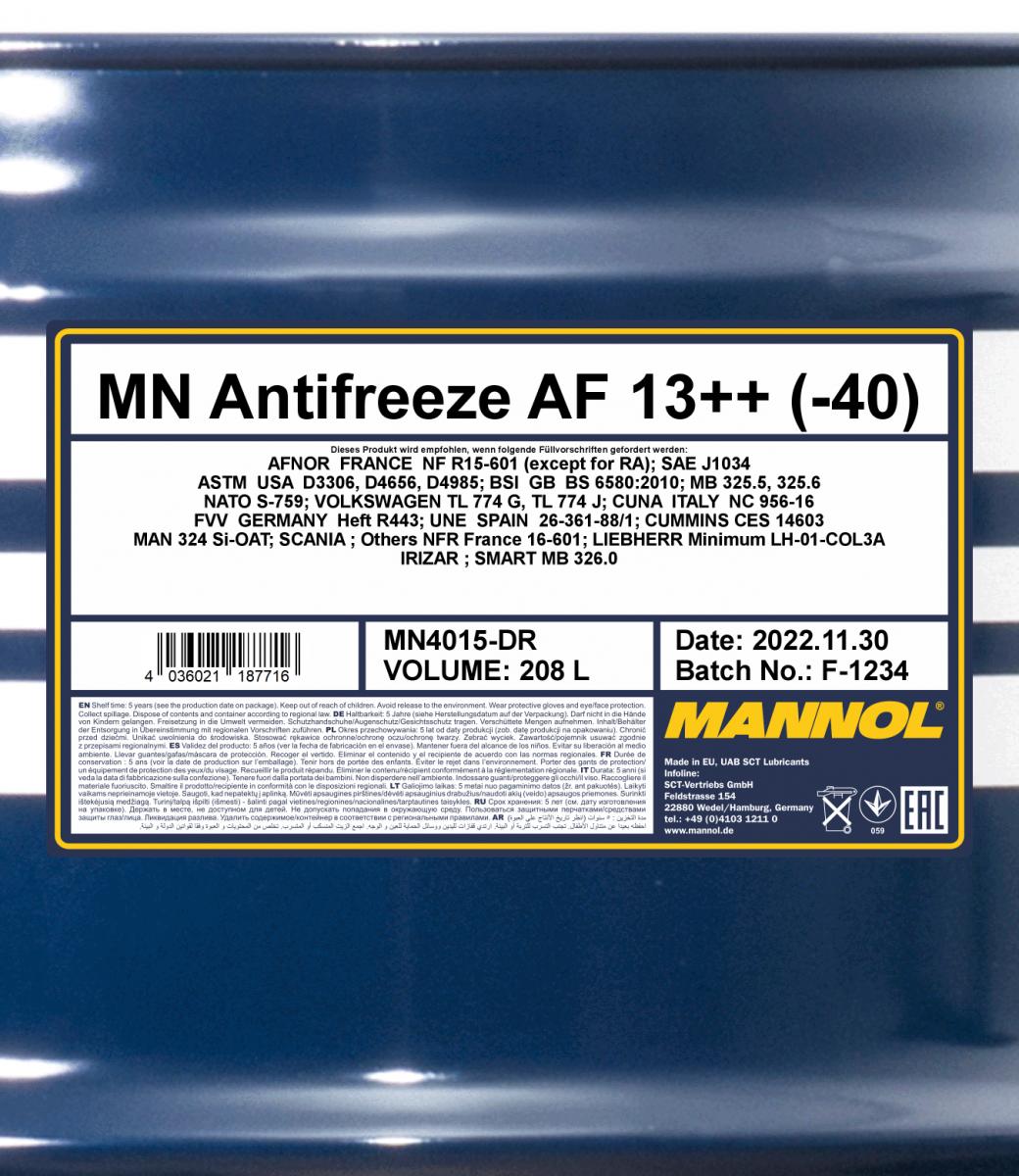 4015 MANNOL ANTIFREEZE AF13++ 208 л. Готовый раствор охлаждающей жидкости антифриз красный 