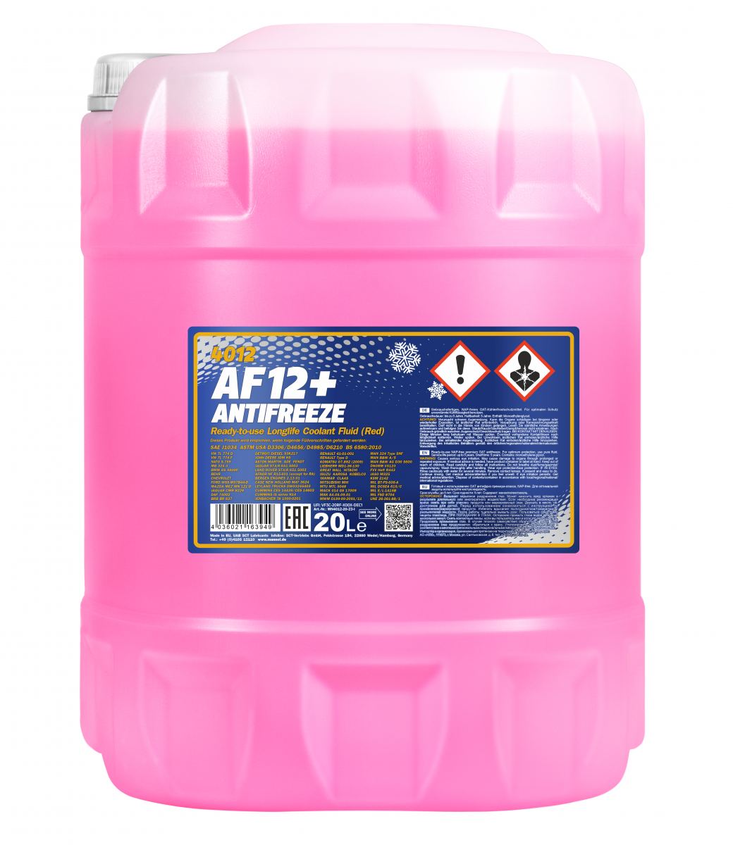 4012 MANNOL ANTIFREEZE LONGLIFE AF12+ 20 л. Готовый раствор охлаждающей жидкости антифриз красный 