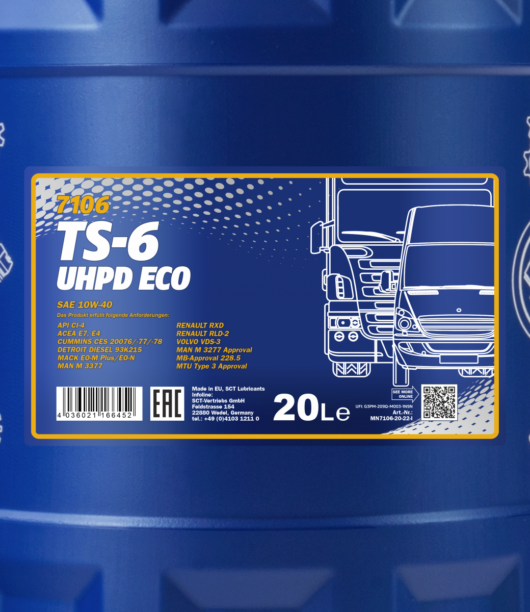 7106 MANNOL TS-6 UHPD ECO 10W40 20 л. Cинтетическое моторное масло 10W-40