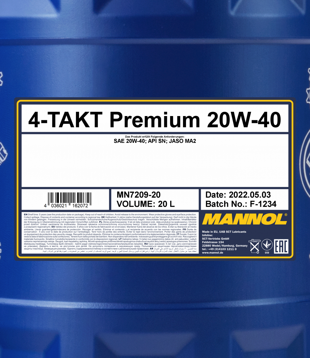 7209 MANNOL 4-TAKT PREMIUM 20W40 20 л. Синтетическое моторное масло 20W-40