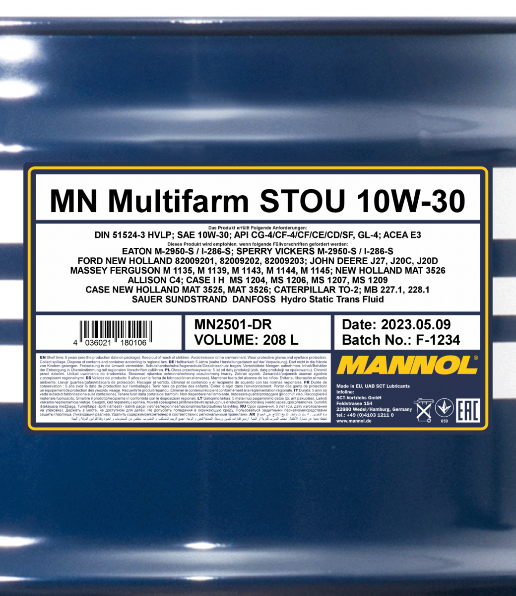 2502 MANNOL MULTIFARM STOU 10W40 208 л. Полусинтетическое моторное масло 10W-40 