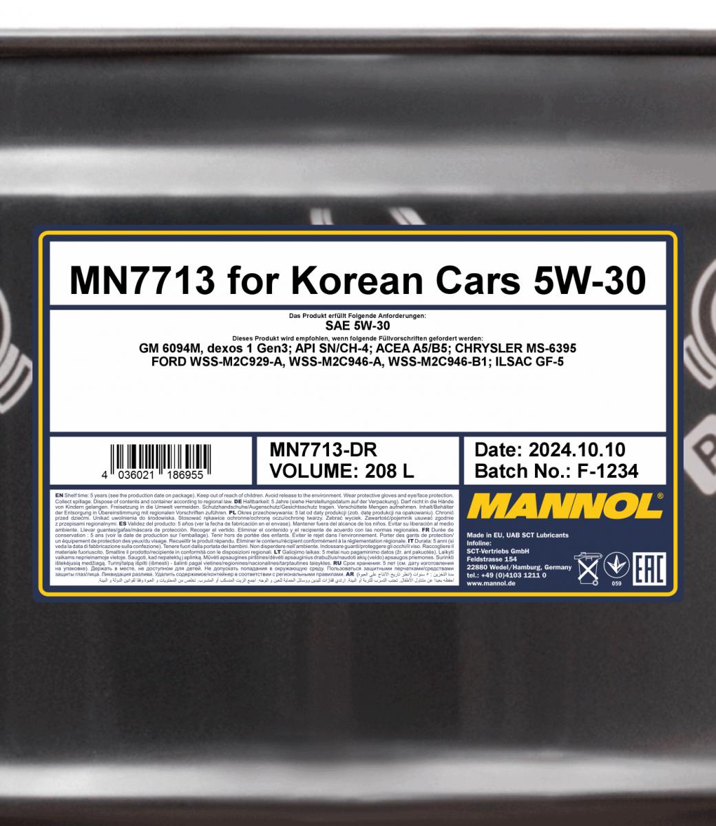7713 MANNOL FOR KOREAN CARS A5/B5 5W30 208 л. Синтетическое моторное масло 5W-30