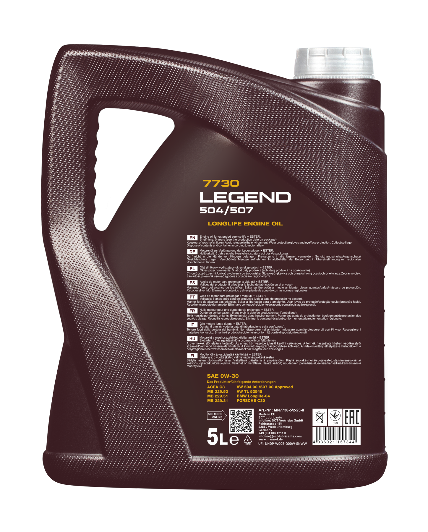 7730 MANNOL LEGEND 504/507 0W30 5 л. Синтетическое моторное масло 0W-30 