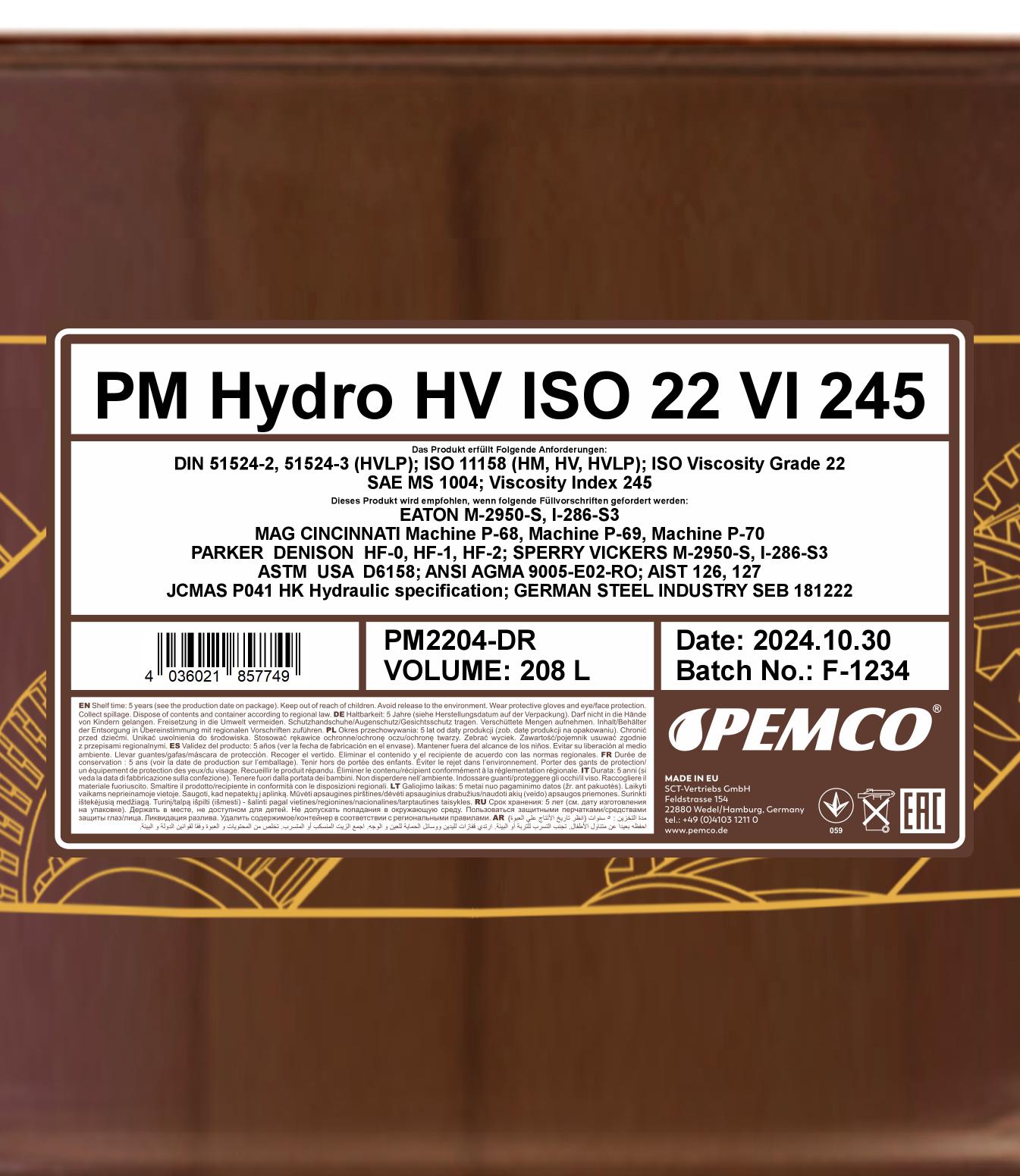 PEMCO HYDRO HV ISO 22 VI 245 208 л. Синтетическое гидравлическое масло