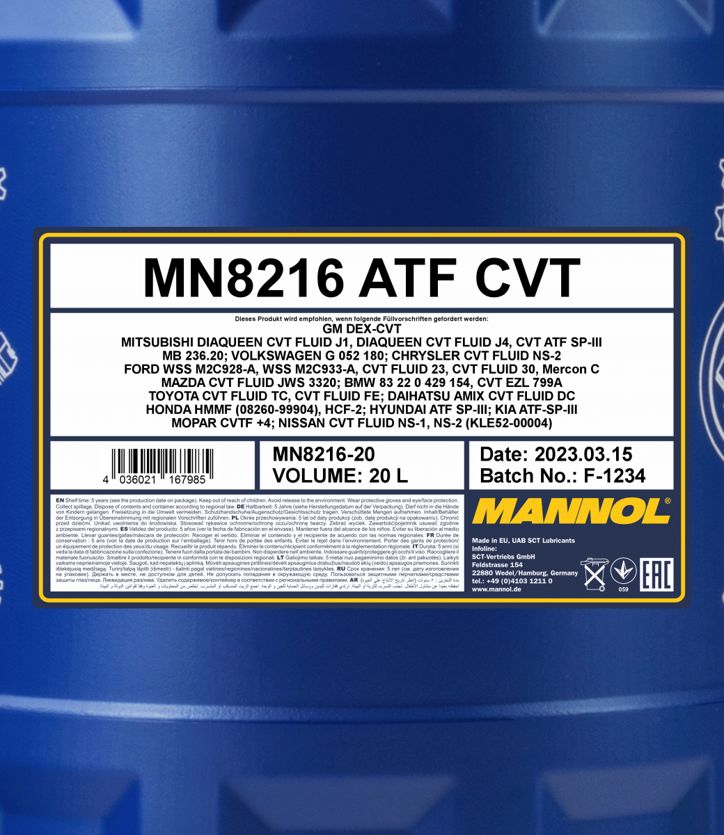 8216 MANNOL ATF CVT 20 л. Синтетическая трансмиссионная жидкость 